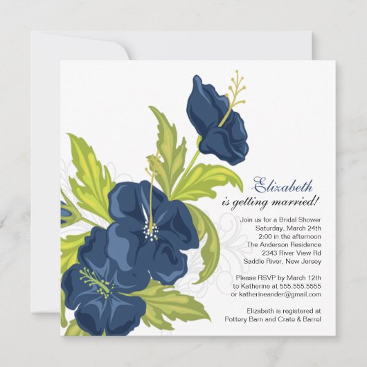 Spring Floral Bridal Shower Invitation Navy Blue Kaart (Voorkant)