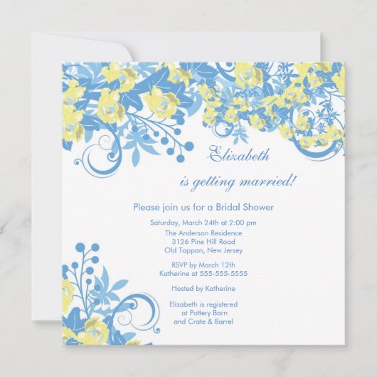 Spring Floral Bridal Shower Invitation Yellow Blue Kaart (Voorkant)