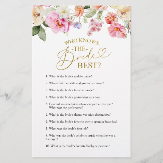 Spring Floral Bridal Shower Knows The Bride Game  (Voorkant)