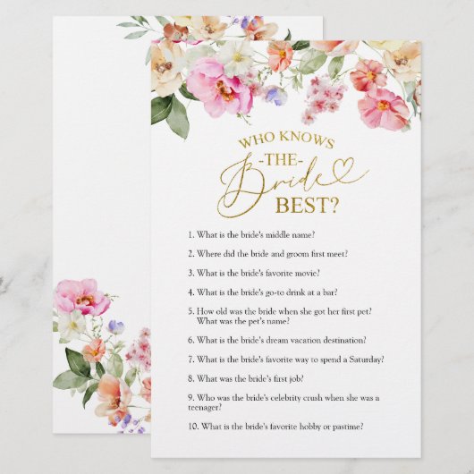 Spring Floral Bridal Shower Knows The Bride Game  (Voorkant / Achterkant)