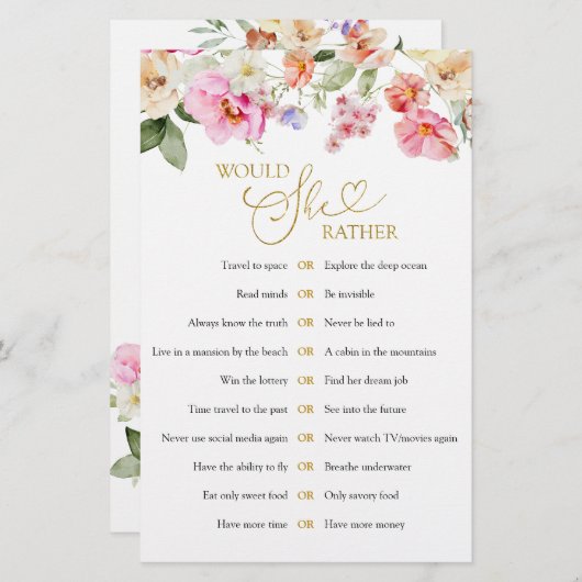 Spring Floral Bridal Shower Would She Rather Game (Voorkant / Achterkant)