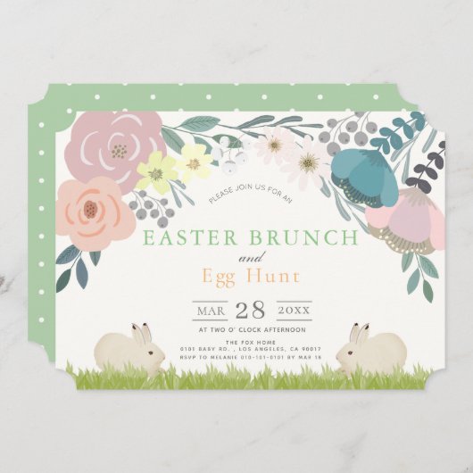 Spring Floral Bunnies Paasbrunch & Egg Hunt Kaart (Voorkant / Achterkant)