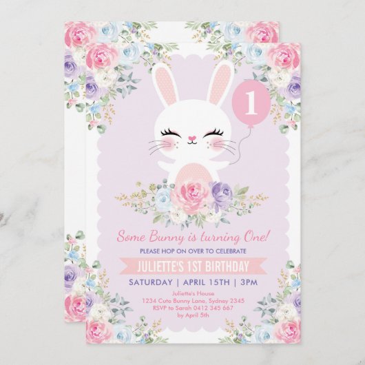 Spring Floral Bunny 1st Birthday Cute Rabbit Party Kaart (Voorkant / Achterkant)