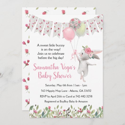 Spring Floral Bunny Baby shower Uitnodiging (Voorkant / Achterkant)