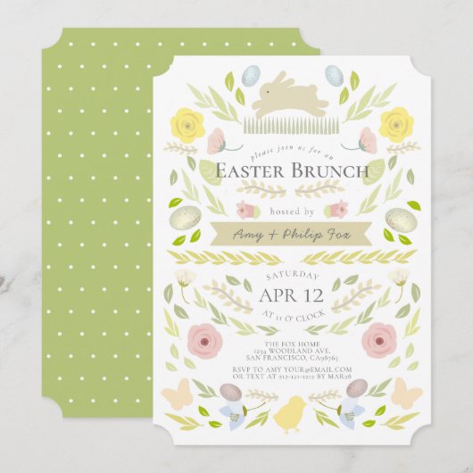 Spring Floral Bunny Foliage Green Paasbrunch Kaart (Voorkant / Achterkant)