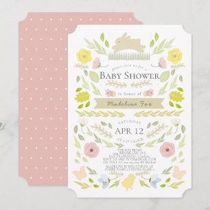 Spring Floral Bunny Foliage Pink Girl Baby shower Kaart