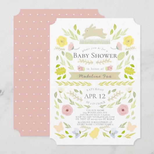 Spring Floral Bunny Foliage Roze Meisje Baby showe Kaart (Voorkant / Achterkant)