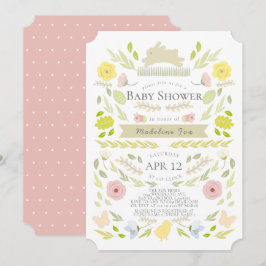 Spring Floral Bunny Foliage Roze Meisje Baby showe Kaart