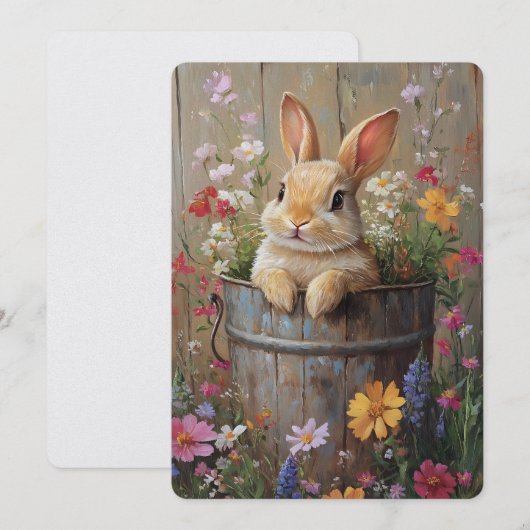  Spring Floral Bunny in Rustic Bucket Feestdagenkaart (Voorkant / Achterkant)