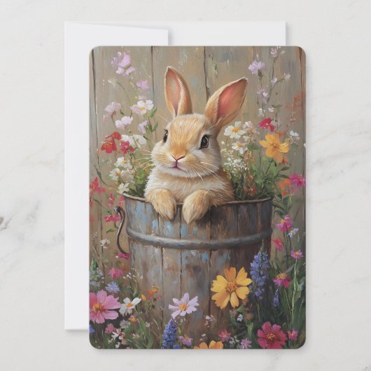 Spring Floral Bunny in Rustic Bucket Feestdagenkaart (Voorkant)