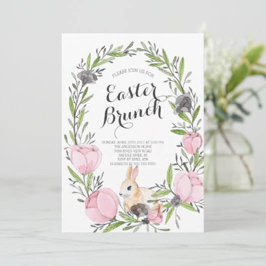 Spring Floral Bunny Pasen Uitnodiging (Staand voorkant)