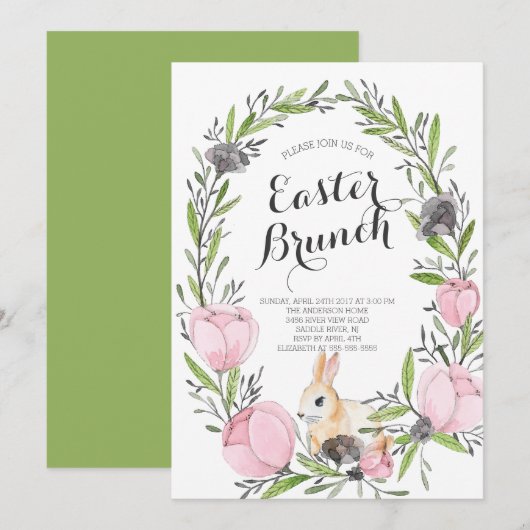 Spring Floral Bunny Pasen Uitnodiging (Voorkant / Achterkant)