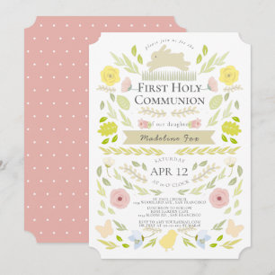 Spring Floral Bunny Pink Girl Eerste Heilige Commu Kaart