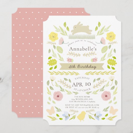 Spring Floral Bunny Pink Girl Verjaardag Kaart (Voorkant / Achterkant)