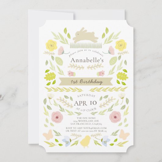 Spring Floral Bunny Roze Meisje 1e verjaardag Kaart (Voorkant)