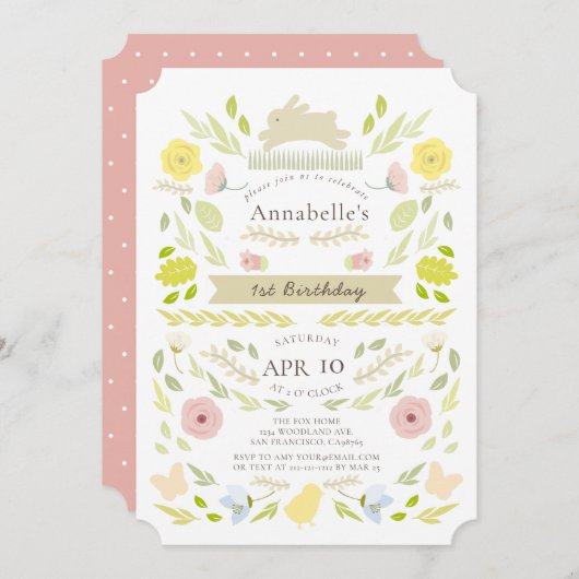 Spring Floral Bunny Roze Meisje 1e verjaardag Kaart (Voorkant / Achterkant)