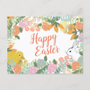 Spring Floral Clover Duck Happy Easter Bunny Feestdagenkaart