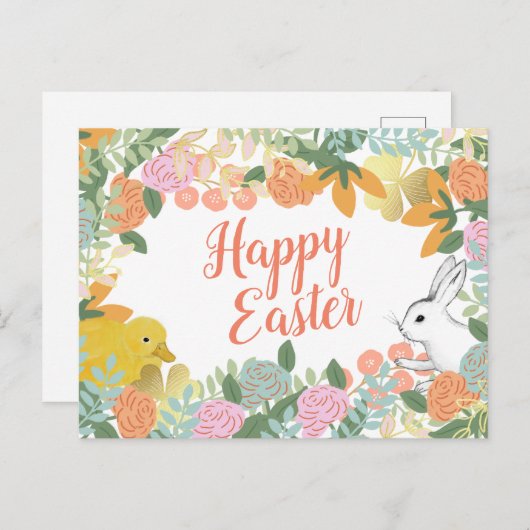 Spring Floral Clover Duck Happy Easter Bunny Feestdagenkaart (Voorkant / Achterkant)