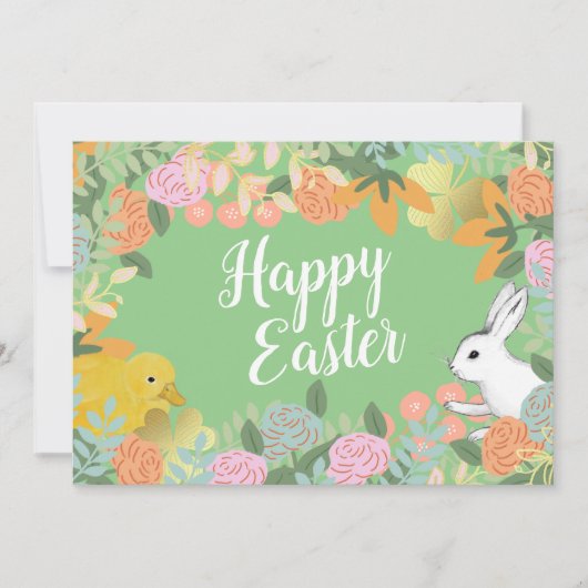 Spring Floral Clover Duck Happy Easter Bunny Feestdagenkaart (Voorkant)