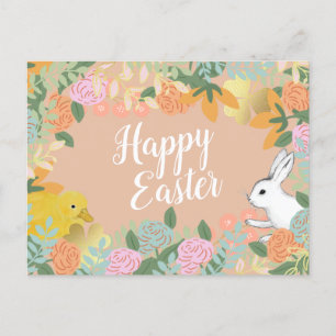 Spring Floral Clover Duck Happy Easter Bunny Feestdagenkaart