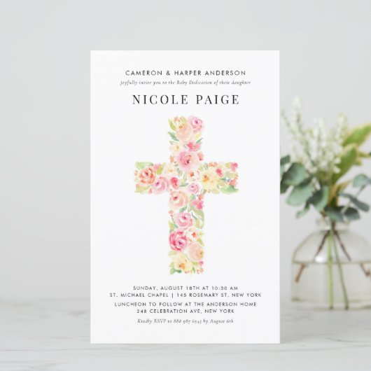 Spring Floral Cross Baby Inwijding Uitnodiging (Staand voorkant)