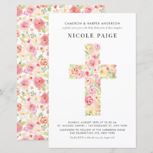 Spring Floral Cross Baby Inwijding Uitnodiging