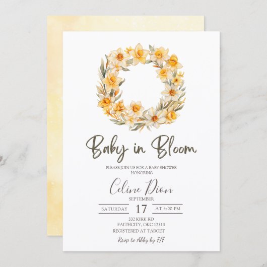 Spring Floral Daffodil Wreath Baby Shower  Kaart (Voorkant / Achterkant)