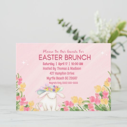 Spring Floral Easter Waterverf Bunny Brunch Kaart (Staand voorkant)