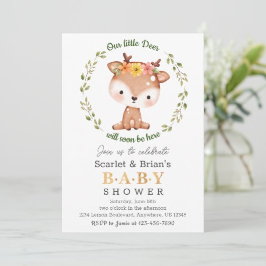 Spring Floral Fawn Woodland Wild Deer Baby shower Kaart (Staand voorkant)