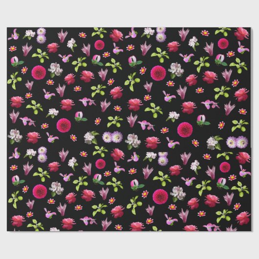 Spring Floral Fotoprint Zwarte achtergrond Wrap Cadeaupapier (Vlak)