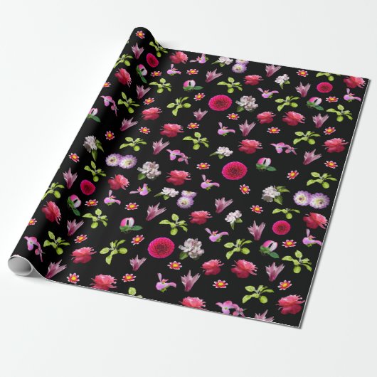 Spring Floral Fotoprint Zwarte achtergrond Wrap Cadeaupapier (Uitgerold)