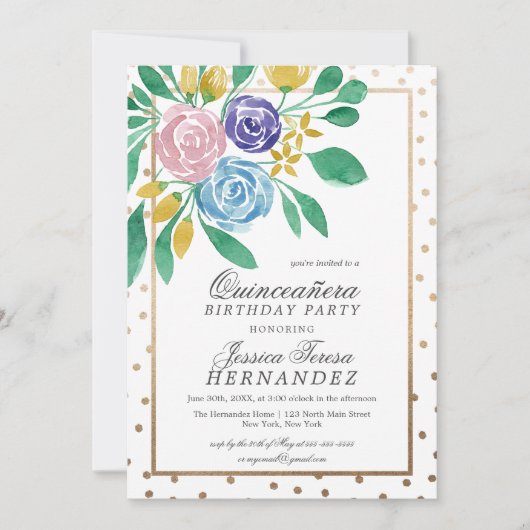 Spring Floral Goud Confetti Waterverf Quinceañera Kaart (Voorkant)