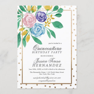 Spring Floral Goud Confetti Waterverf Quinceañera Kaart
