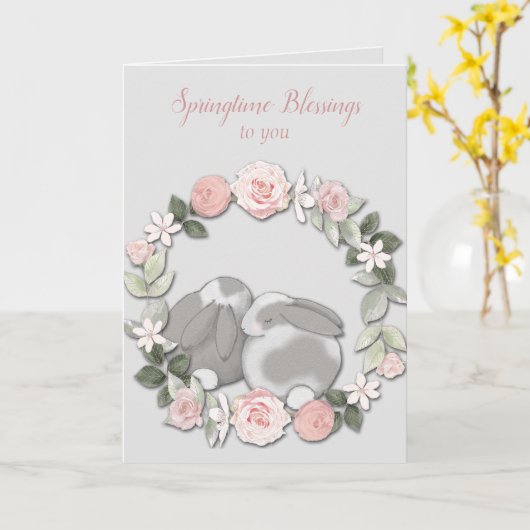 Spring Floral Krans Bunnies Paas Kaart (Gele Bloem)