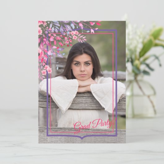 Spring Floral Lijst Foto Afstuderen Uitnodiging (Staand voorkant)