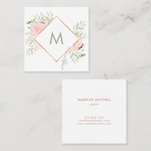 Spring Floral met Monogram Vierkante Visitekaartje (Voorkant / Achterkant)