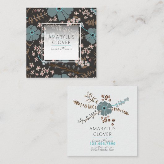 Spring Floral Mix Blauwgroen roze grijs op zwart Vierkante Visitekaartje (Voorkant / Achterkant)