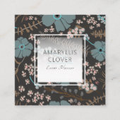 Spring Floral Mix Blauwgroen roze grijs op zwart Vierkante Visitekaartje (Voorkant)