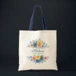 Spring Floral Modern Personalized Name | Wedding Tote Bag<br><div class="desc">This modern design features a spring floral in pretty coral, yellow, teal and navy blue with your personalized name with "Bridesmaid" below in navy blue typography. Personalize by editing the text in the text box provided. #wedding #weddings #bridesmaid #bridesmaidgifts #bridalparty #bridalpartygifts #favors #gifts #floral #flowers #botanical #personalized #name #modern #chic...</div>