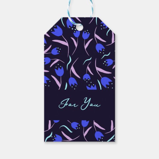 Spring Floral Pattern Dark Blue Cadeaulabel (Voorkant)