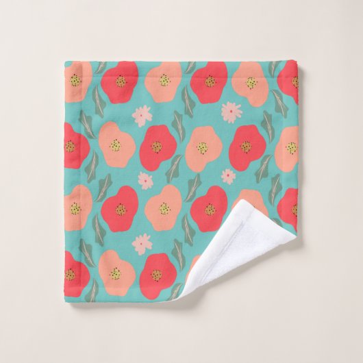 Spring Floral Pattern Hand Drawn Blauwgroen Peach Bad Handdoek (Wasdoekje)