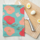 Spring Floral Pattern Hand Drawn Blauwgroen Peach Theedoek (Quarter Fold)