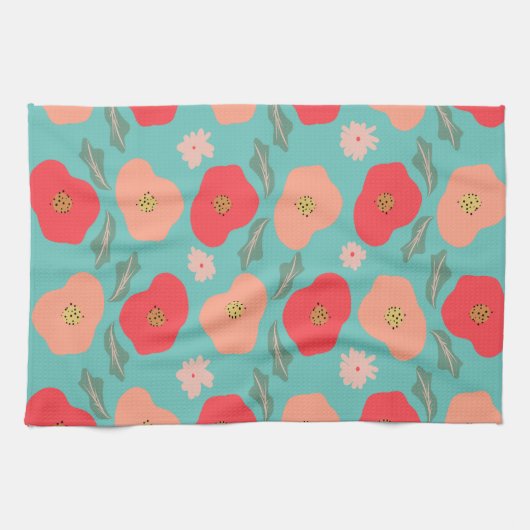 Spring Floral Pattern Hand Drawn Blauwgroen Peach Theedoek (Horizontaal)