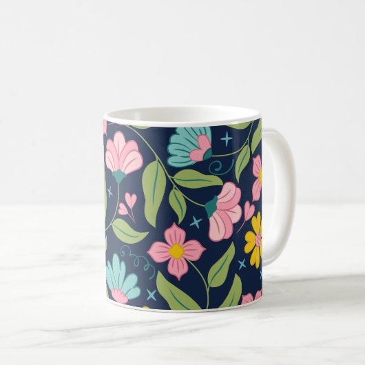Spring Floral Pattern op Donkerblauw Koffiemok (Voorkant rechts)