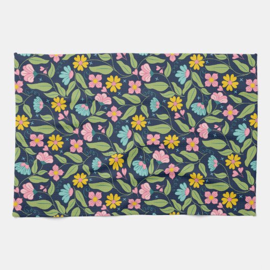 Spring Floral Pattern op Donkerblauw Theedoek (Horizontaal)