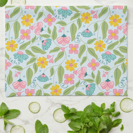 Spring Floral Pattern op lichtblauw Theedoek (Gevouwen)