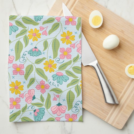 Spring Floral Pattern op lichtblauw Theedoek (Quarter Fold)