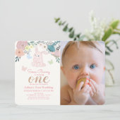 Spring Floral Pink Bunny Girl's 1e foto Verjaardag Kaart (Staand voorkant)
