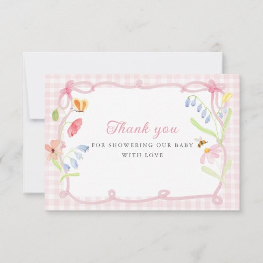 Spring Floral Pink Gingham Baby Shower Bedankkaart (Voorkant)