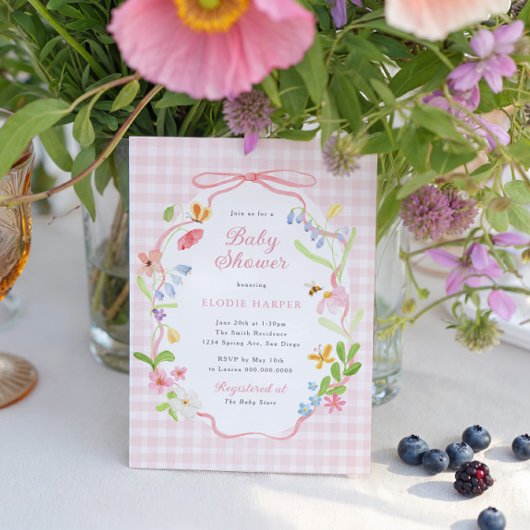 Spring Floral Pink Gingham Baby Shower Kaart